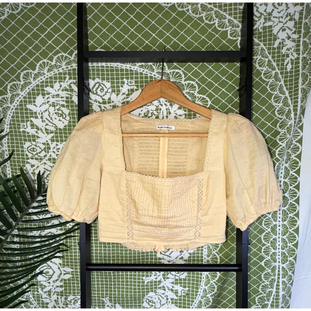 Reformation Alice Lace Trim Puff Sleeve Crop Top Yellow Sz med